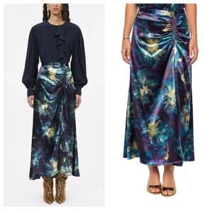 Ulla Johnson Ines Blue Floral Satin Midi Skirt Size 0